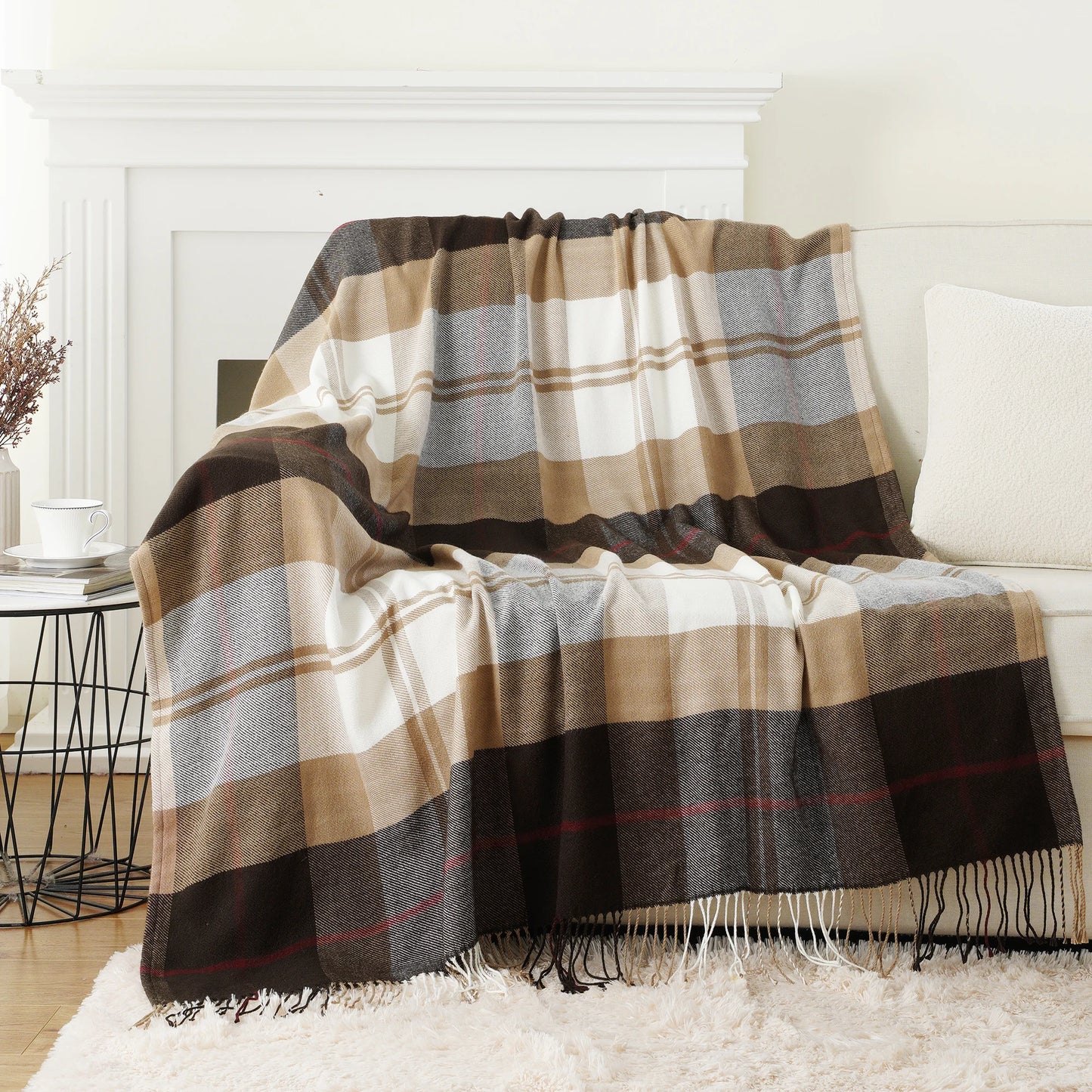 Battilo Plaid Knit Throw Blanket | Beige Tassel Sofa Blanket