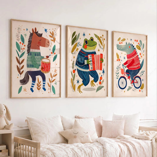 3-Piece Music Theme Frog Horse Crocodile Canvas Wall Art Set Canvas Wall Art Set Peaceful Pleasures Health and Wellness G5341-3pcs 30x40cm Black Framed