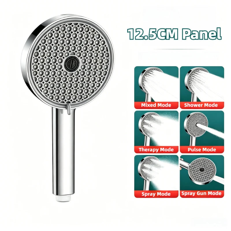 6 Modes Adjustable Pressure Boost Shower Head 12.5CM Big Panel High Pressure Large Flow Handheld Showerhead Bathroom Accessories Peaceful Pleasures Health and Wellness