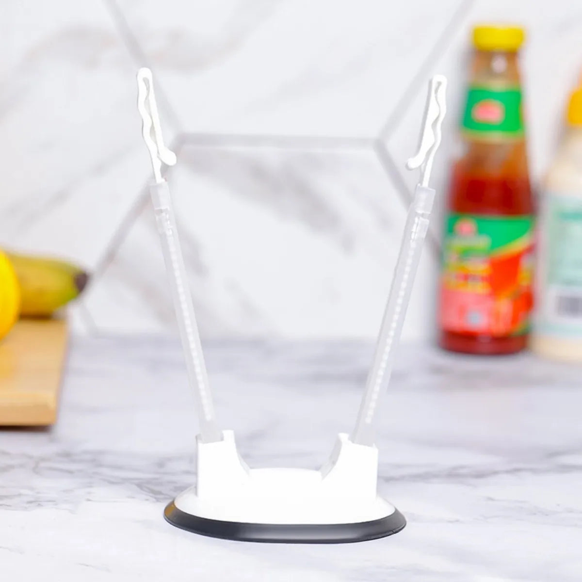 Household food storage bag holder, packaging bag opener, support stand Peaceful Pleasures Health and Wellness white