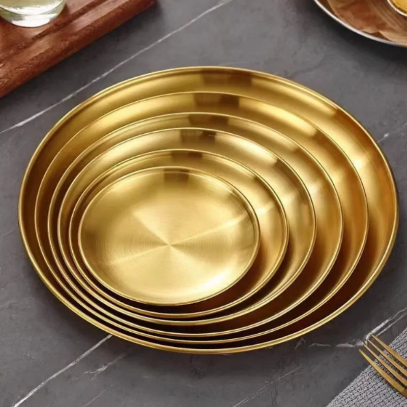 Thickened Stainless Steel Golden Round Fruit Plate Cake Plate Bone Tray BBQ Plate Flat Bottom Shallow Tray Peaceful Pleasures Health and Wellness Gold 26cm Round