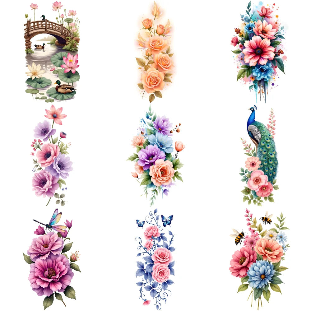 9-Pack Floral Temporary Tattoos – Rose, Lily & Harp Designs
