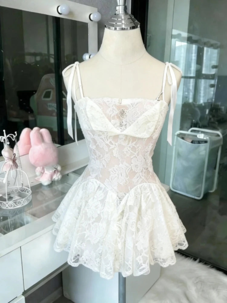 French Style Sweet Cute Polka Dot Splicing Dress Lace Bow Korean Fashion Dresses New Design Slim Waist Lady Y2k Mini Dress Peaceful Pleasures Health and Wellness 3778 M