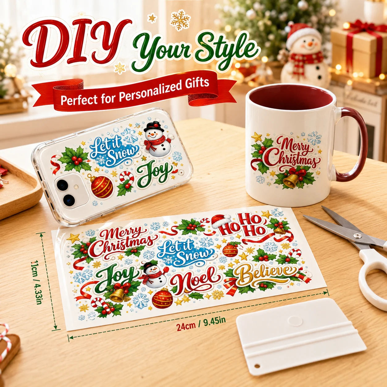 Christmas Watercolor UV DTF Transfer Sticker | Mug & Tumbler DIY