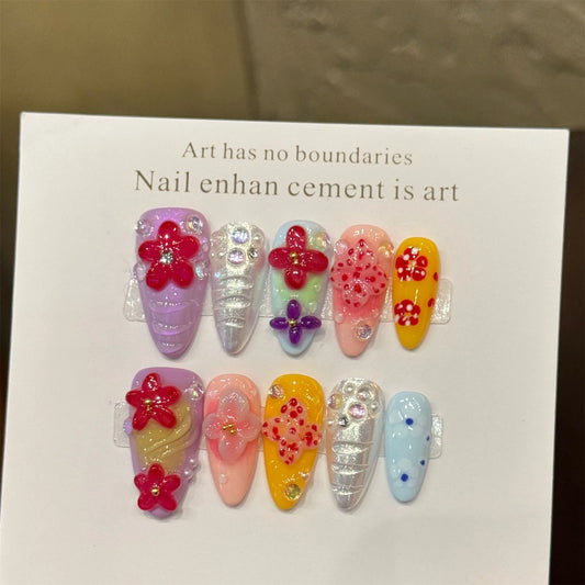 10pcs Handmade Press on Nails Island Flower Decor Glitter Fake Nails Wearable 3D Hand-Carved French False Nail Tips Almond Shape Peaceful Pleasures Health and Wellness S