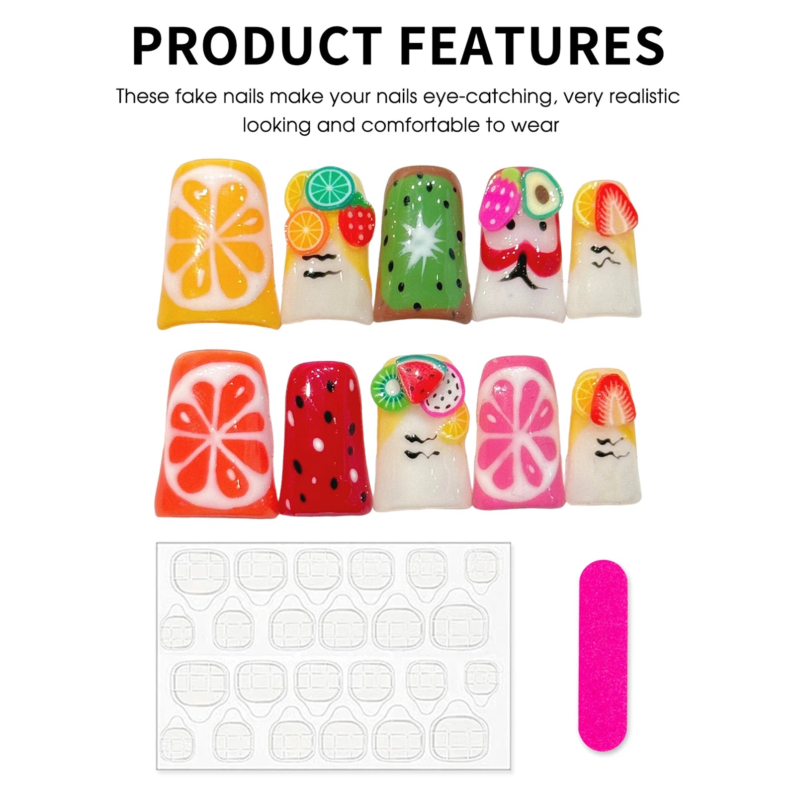 Y2k Handmade Press On Nails Hand-painted Fruit Graffiti Fake Nails With Decor Wearable Short Duckbill Dopamine Manicure Nail Art Peaceful Pleasures Health and Wellness
