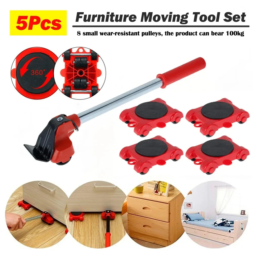 5Pcs/Set Heavy Duty Furniture Lifter Mover Roller with Wheel Bar Moving Device Lifting Helper Furniture Moving Transport Tool Peaceful Pleasures Health and Wellness