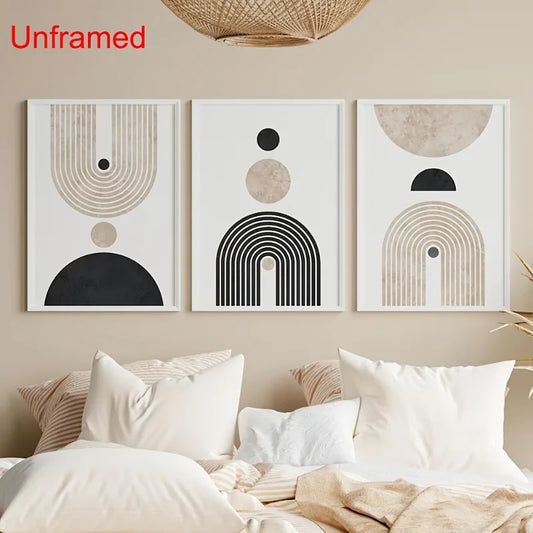 3-Piece Geometric Abstract Canvas Wall Art | Black & Beige Retro Canvas Wall Art Peaceful Pleasures Health and Wellness