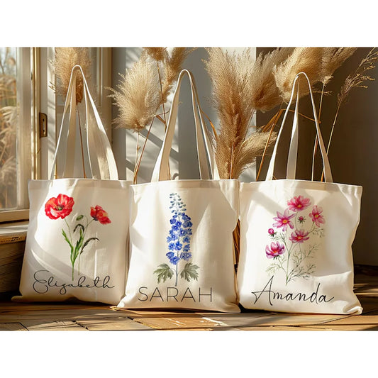Personalized Birth Flower Canvas Tote Bag | Custom Name Gift Personalized Canvas Tote Peaceful Pleasures Health and Wellness November 1pcs 34x42cm