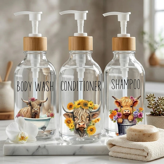 Highland Cow Sunflower Soap Dispenser – 3 Piece Refillable Clear Pump Dispenser Set Peaceful Pleasures Health and Wellness