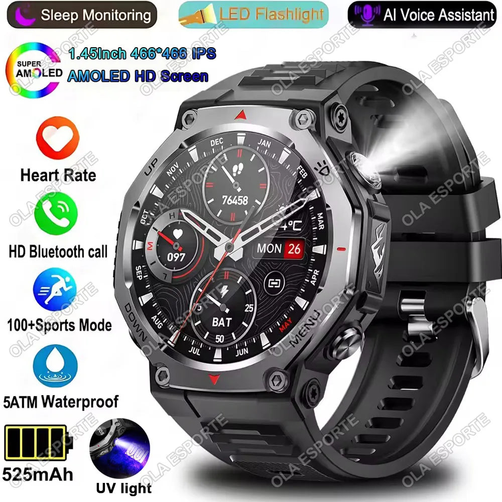 Military-Grade Outdoor Sports Smartwatch 520mAh GPS LED Flashlight Bluetooth Call Fitness Tracking Heart Rate Smart Watch Men Peaceful Pleasures Health and Wellness Black