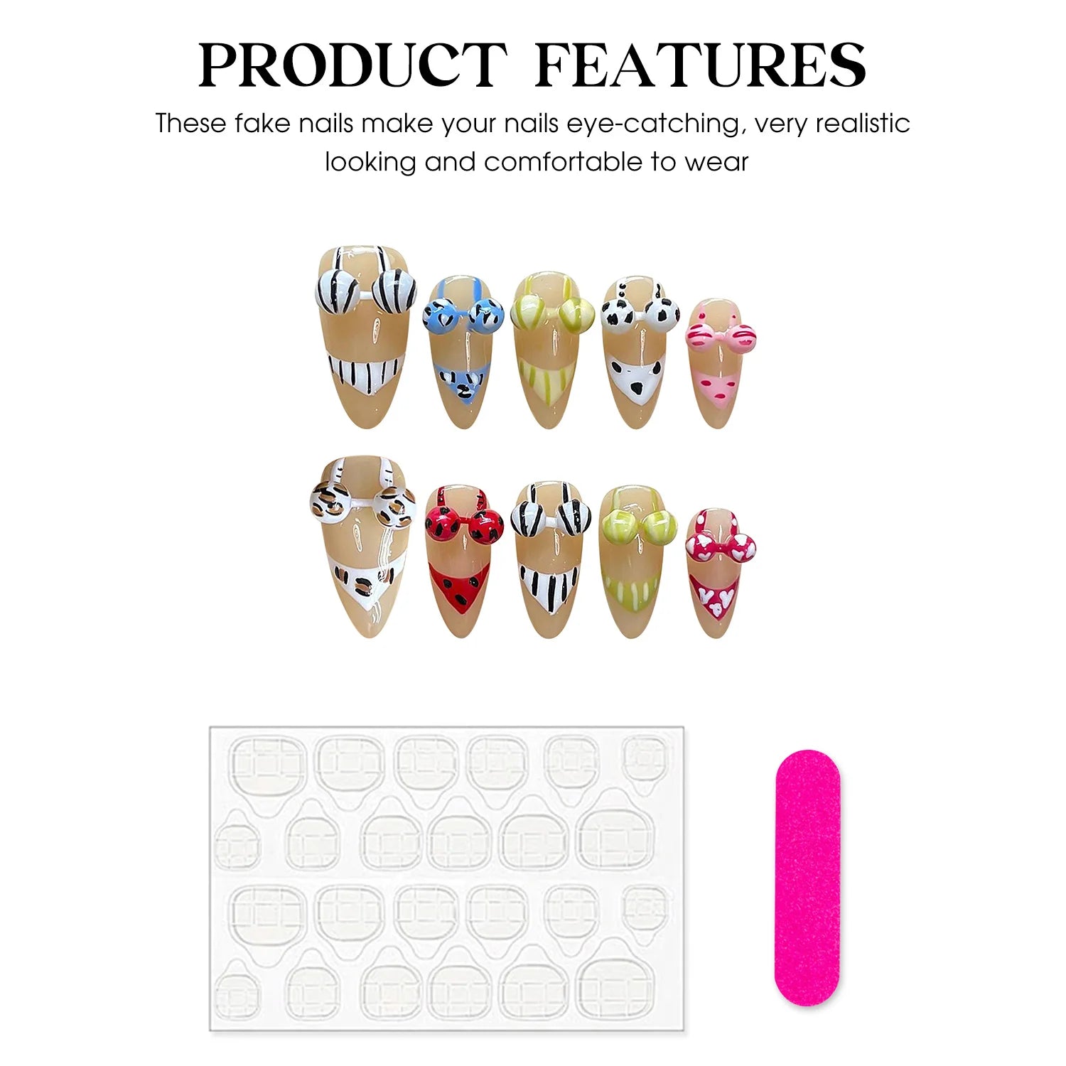 Handmade Press on Nails with 3D Bikini Design Summer Beach Style False Nails for Women Wearable Reusable Funny Almond Fake Nails Peaceful Pleasures Health and Wellness