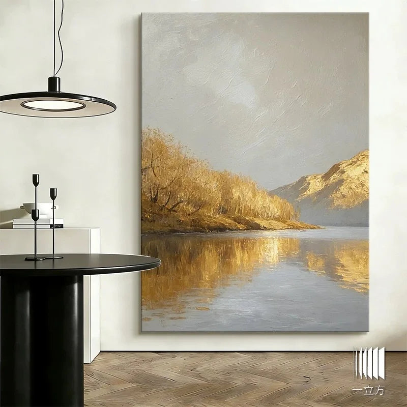 Hand Painted Canvas Oil Painting Abstract Gold Mountains TreesLandscape Poster Wall Art Picture Home Decor Mural For Living Room Peaceful Pleasures Health and Wellness no frame 60cmx80cm