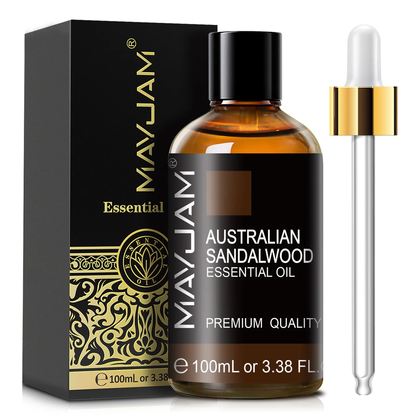 Mayuam Australian Sandalwood essential oil bottle with dropper and packaging on a white background