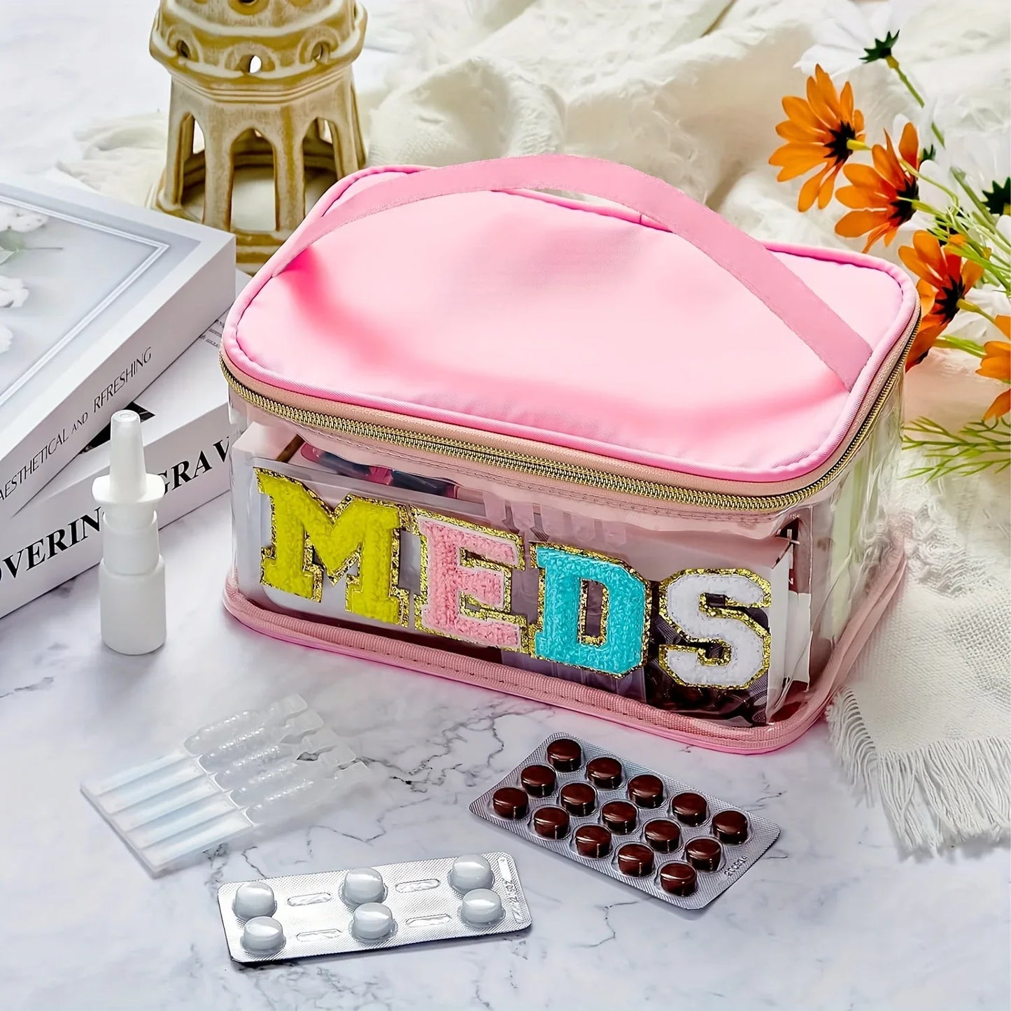 Fashion Letter Patch Clear Nylon Zipper Cosmetic Travel Bag
