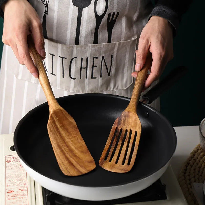 2-Piece Japanese-Style Wooden Spatula & Slotted Shovel Set – Natural Wood Cooking Utensils for Non-Stick Cookware