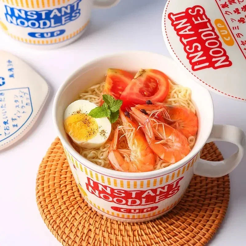 Hot Sale Ceramic Instant Noodle Bowl With Handle Large Capacity instant noodles bowl Cute Design instant noodles Bowl With Lid Peaceful Pleasures Health and Wellness