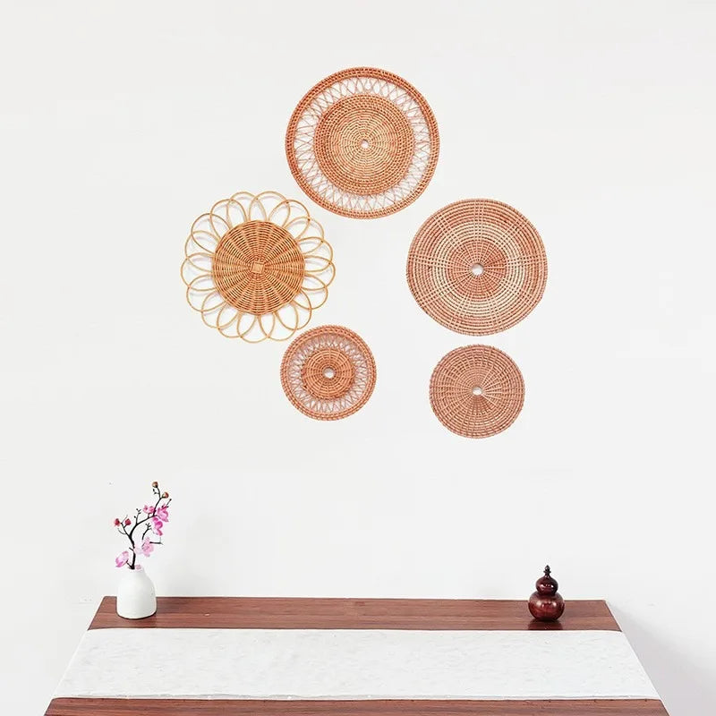 Round Wicker Tray Rattan Woven Wall Hanging Bohemian Country Style Handmade Wall Decor for Living Room Bedroom Wall Display Peaceful Pleasures Health and Wellness