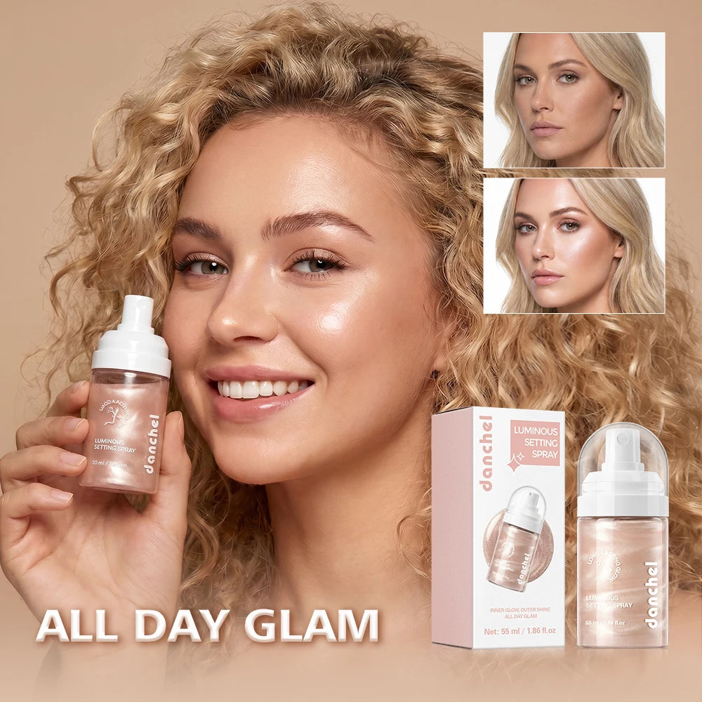 Luminous Shimmery Champagne Pink Setting Spray Liquid Long Lasting Waterproof Smudge Resistant Dewy Radiant Glow Multi‑use Face Peaceful Pleasures Health and Wellness
