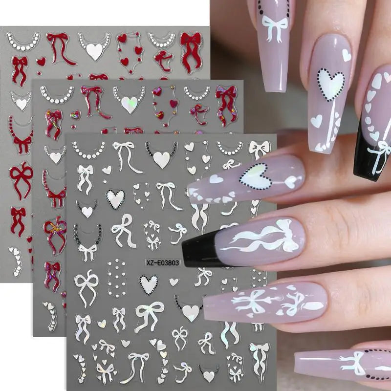 Aurora French Ribbon Heart Nail Stickers Pearl Love Chain Adhesive Nail Decals Valentine's Day Bows Manicure Sticker Peaceful Pleasures Health and Wellness