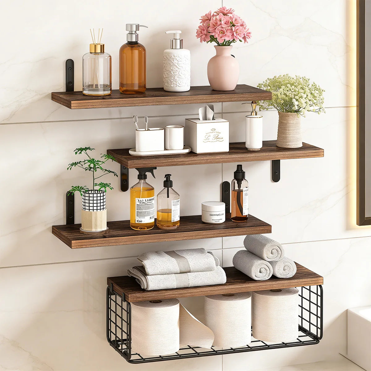 Bathroom Shelves Over Toilet with Storage Basket, Floating Wall Shelf for Home Organization & Wall Decor, Bathroom/Kitchen Peaceful Pleasures Health and Wellness