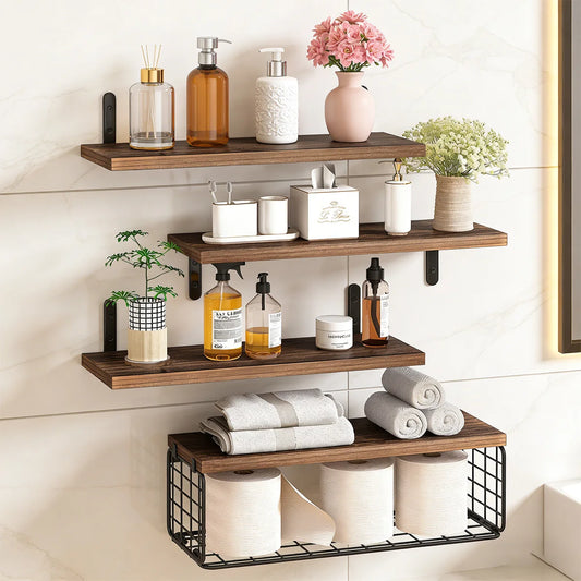 Bathroom Shelves Over Toilet with Storage Basket, Floating Wall Shelf for Home Organization & Wall Decor, Bathroom/Kitchen Peaceful Pleasures Health and Wellness