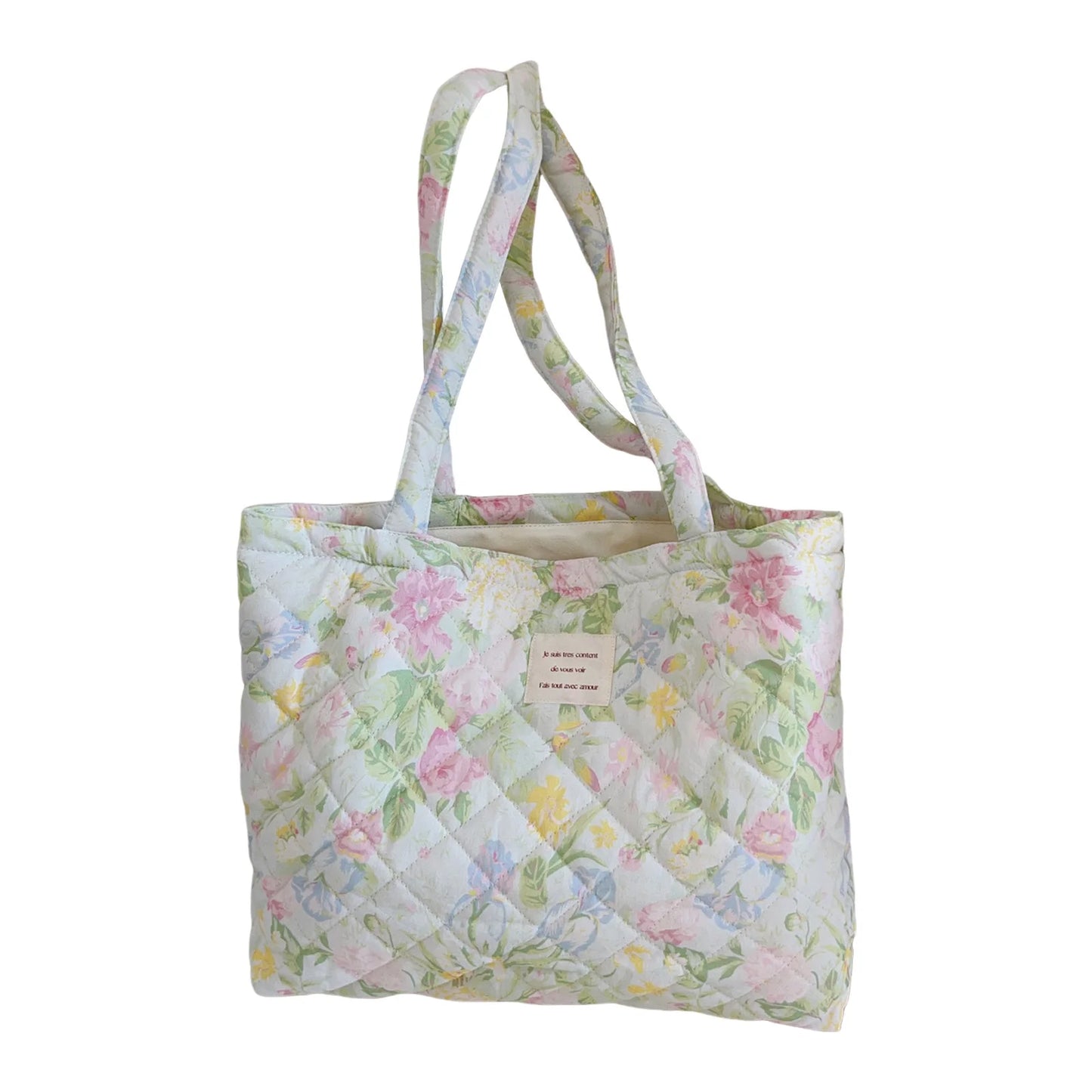 French Floral Quilted Tote Bag for Women Large Capacity Shoulder Handbag with Cotton Li-ning Stylish Mommy and Book Bag Peaceful Pleasures Health and Wellness 5