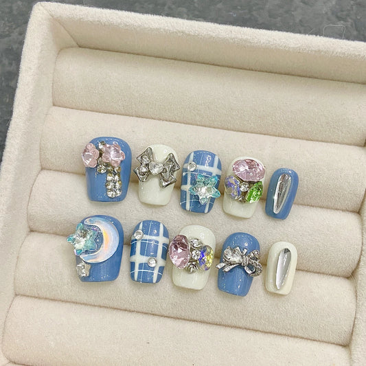 Handmade Press On Nails Short Square Plaid Pattern False Nails Wearable Shiny Crystal Sweet Bow Decor Korean Lady Fake Nails Peaceful Pleasures Health and Wellness