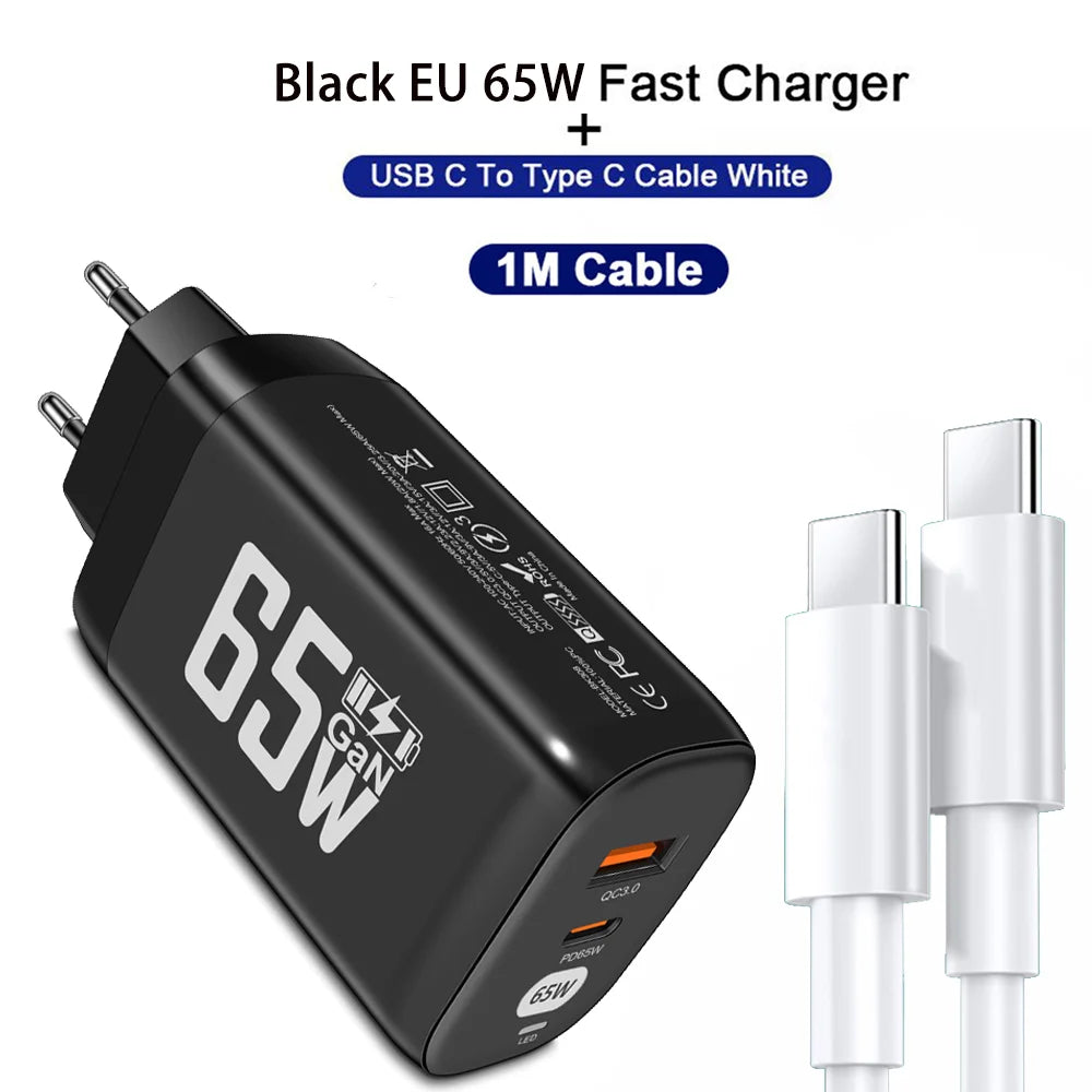 GaN 65W Fast Charger 2-Port PD QC3.0 USB Type C Wall Charger EU Plug Adapter for Laptop iPhone 15 Samsung Xiaomi Peaceful Pleasures Health and Wellness Black EU 1M Cable