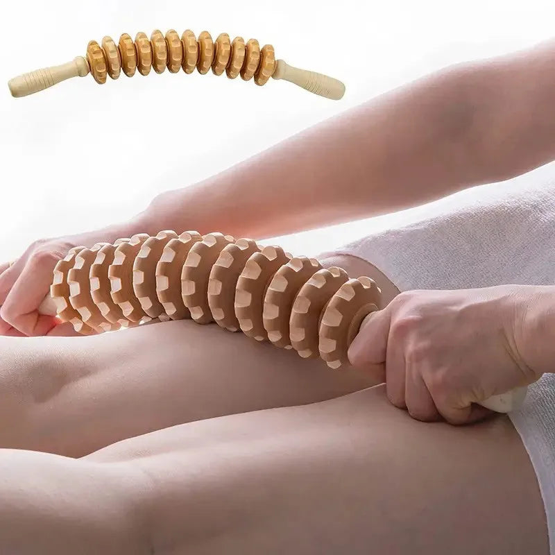 Body Fascia Massager Anti-slip Handle Wood Grooved Gear Arms Legs Thighs Buttocks Smooth Roller Massager for Back Relaxation Peaceful Pleasures Health and Wellness