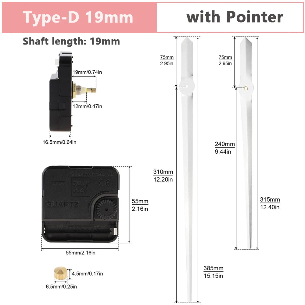 Wall Clock Mechanism Silent Quartz Movement Machine Wall Hands Silent Sweeping Second Movement with Pointer DIY, Repair Tools Peaceful Pleasures Health and Wellness Tpye-D 19mm China Mainland