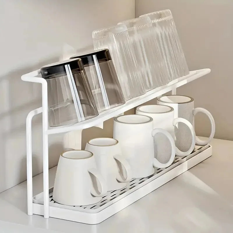 Double-Layer Cup Rack with Drain Tray | Kitchen Countertop Organizer