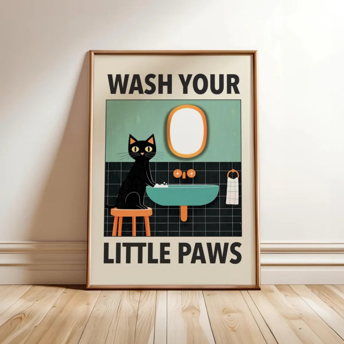 Funny Cat "Wash Your Paws" Canvas Wall Art | Bathroom Decor