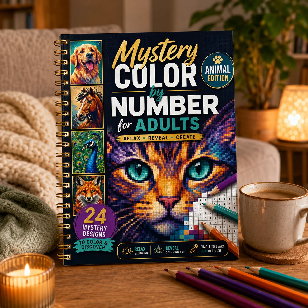 Mystery Number Adults A4 Spiral Coloring Book Animal Edition 24