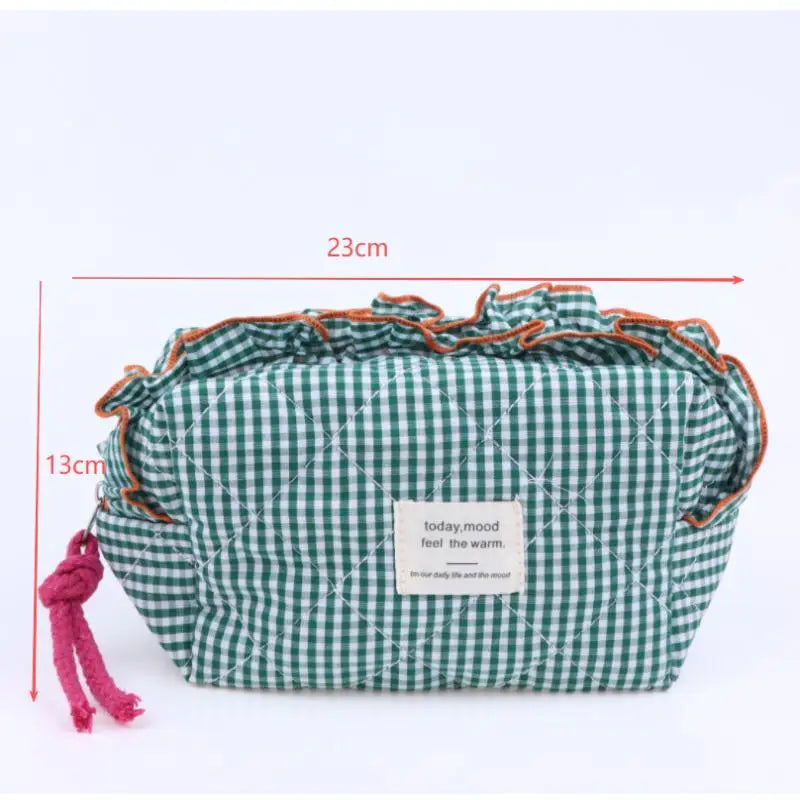 Women's Vintage Gingham Cosmetic Makeup Bag With Ruffled Edges-Large Capacity Organizer For Daily Travel Peaceful Pleasures Health and Wellness