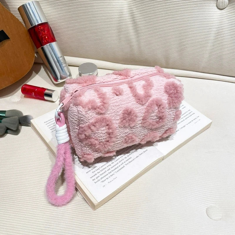Plush Makeup Bag with Handle | Love Print Travel Cosmetic Pouch