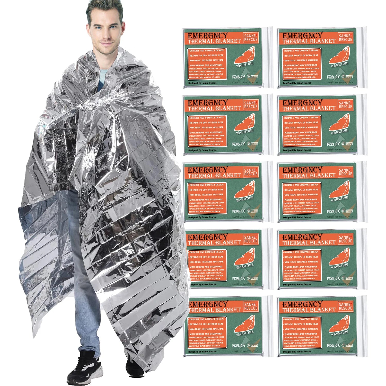 130/160*210CM Emergency Blanket Low Temperature Rescue First Aid Kit Insulation Blanket Lifesaving Warm Insulation Survival Edc Peaceful Pleasures Health and Wellness Silver X 10