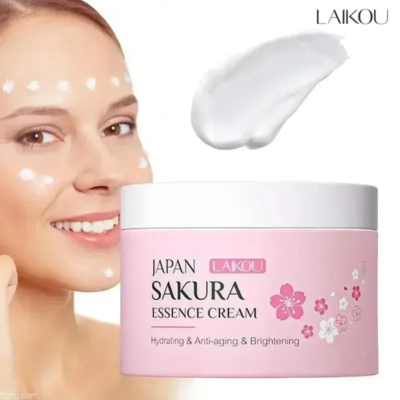 LAIKOU Sakura Essence Cream jar with a woman's face and cream swatch, featuring the brand name.
