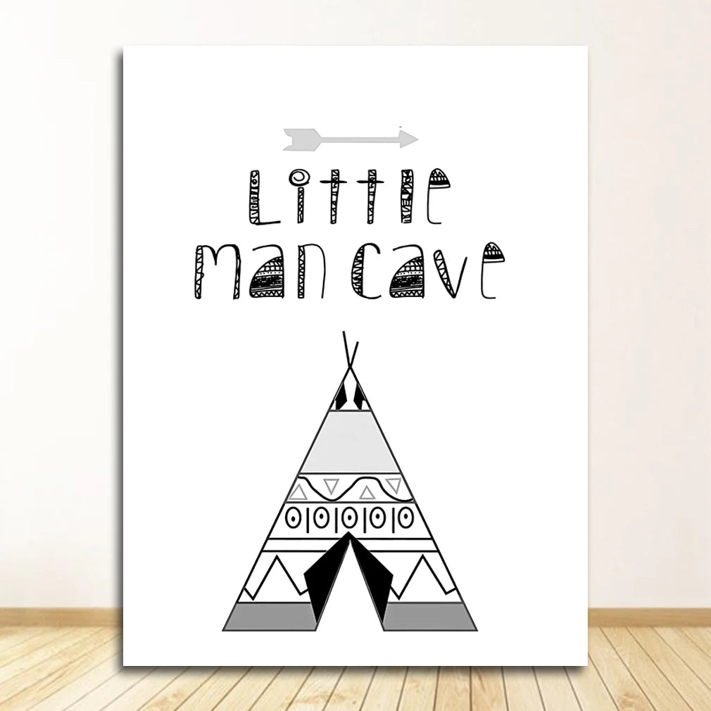 Boys Cartoon Nursery Canvas Wall Art | Black & White Print