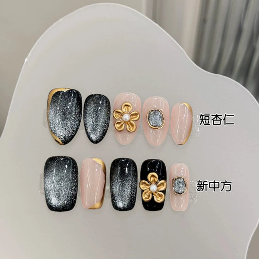 Handmade Antique Autumn Winter Press On Nails Golden Carved Flowers Cat's Eye False Nails Advanced Sense Fashion Manicure Art Peaceful Pleasures Health and Wellness