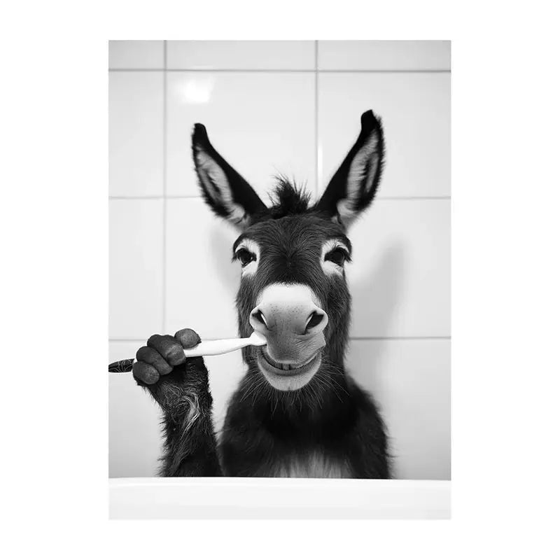 Funny Bathroom Animal Canvas Wall Art | Vintage Brushing Teeth