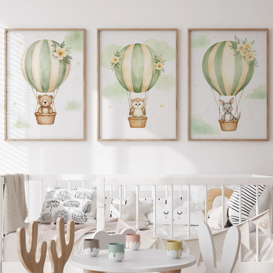 Watercolor Hot Air Balloons Animals Canvas Wall Art | Kids Room Canvas Wall Art Print Peaceful Pleasures Health and Wellness GP078-3pcs 50x70cm Unframed