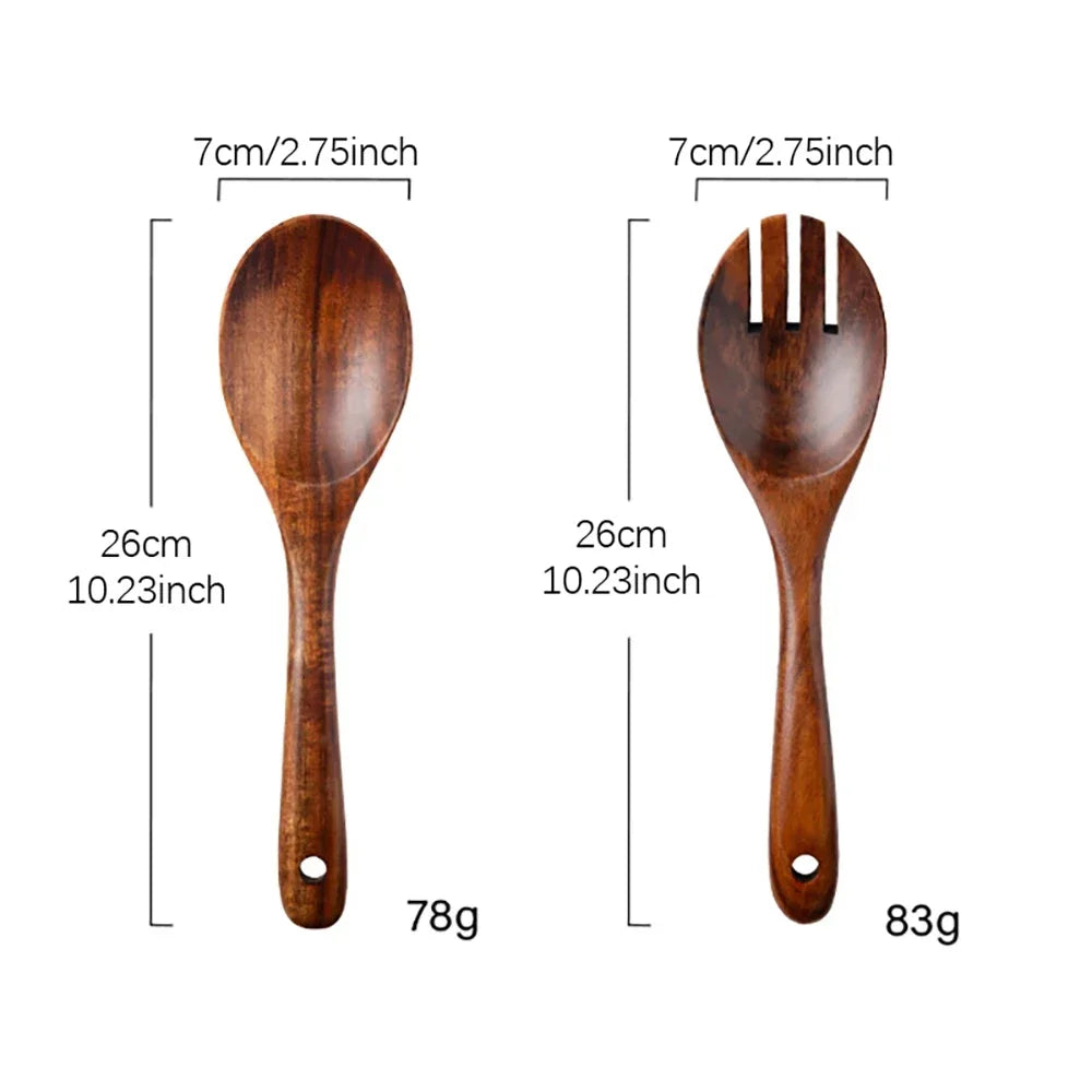 2-Piece Japanese-Style Wooden Serving Spoon & Fork Set – Long Handle Salad Scoop & Serving Utensils