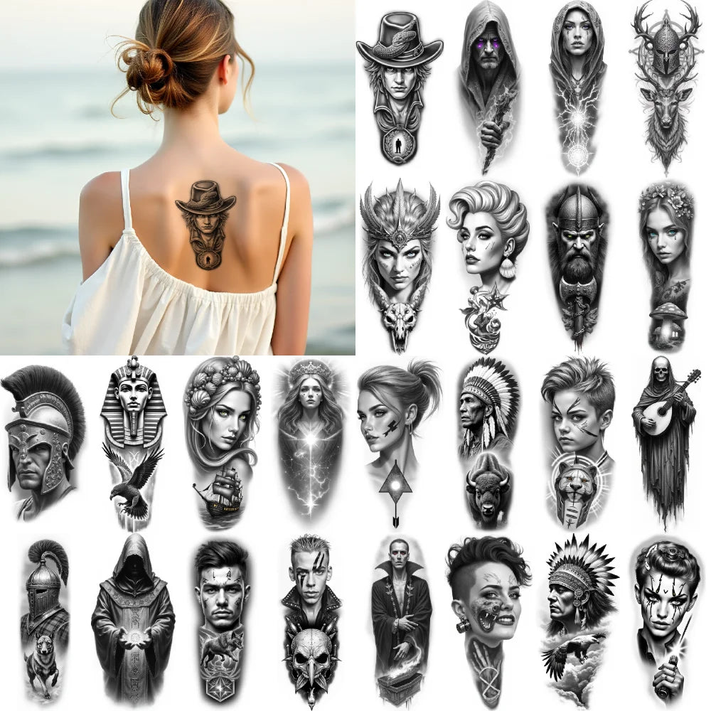 12pc Black & Grey Temporary Tattoos – Skull, Warrior & Animal