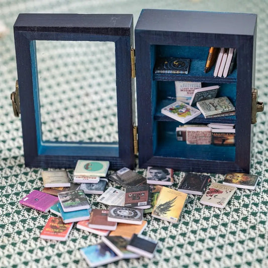Miniature Wooden Bookshelf with 60 Mini Books – Desk Décor Toy Miniature Desk Toy Oasis Select