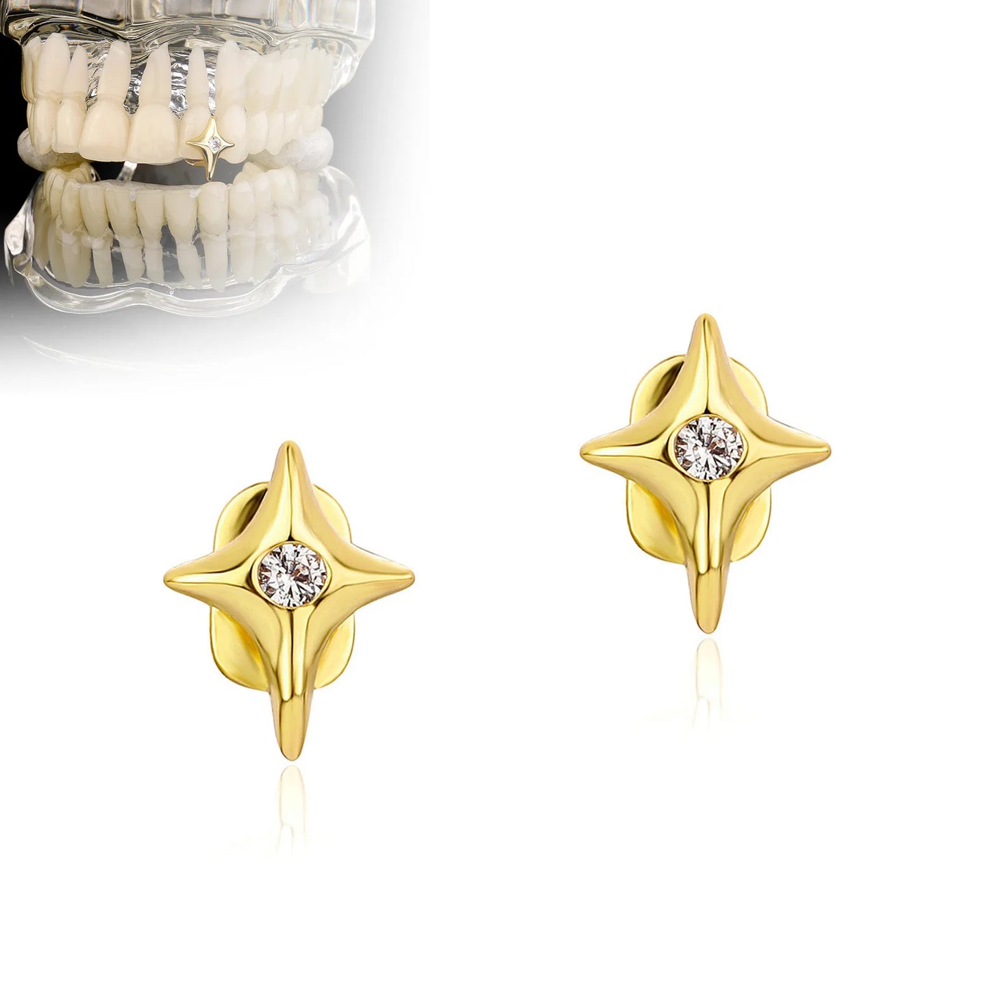 1Pcs Single Teeth Grills with Four-pointed Star Shiny Rhinestones Tooth Grillz Cap Body Jewelry for Stage Perfomance Accessory Peaceful Pleasures Health and Wellness
