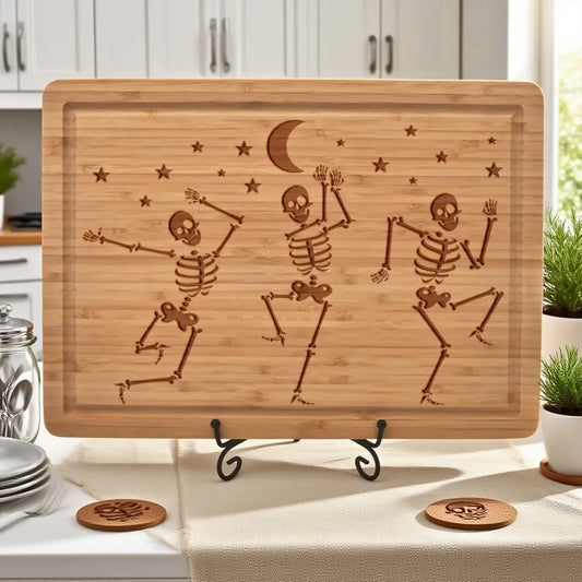 Halloween Skeleton Cutting Board Dancing Skeleton Bamboo Board Spooky Halloween Kitchen Decor Charcuterie Gift Housewarming Gift Peaceful Pleasures Health and Wellness