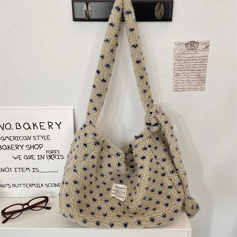 Autumn Winter Plush Heart Crossbody Bag Large Capacity Canvas Shoulder Bag Shopping Tote for Daily Use Versatile Commuting Bag Peaceful Pleasures Health and Wellness ML
