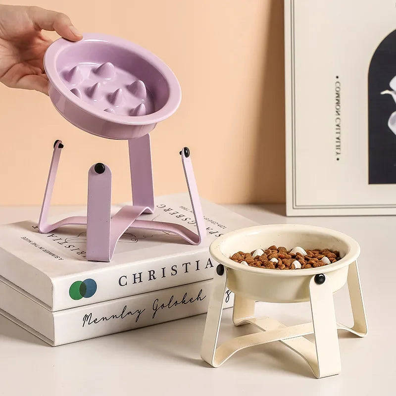 Ceramic Slow Feeder Cat Bowl with Elevated Iron Stand Elevated Cat Bowl Peaceful Pleasures Health and Wellness