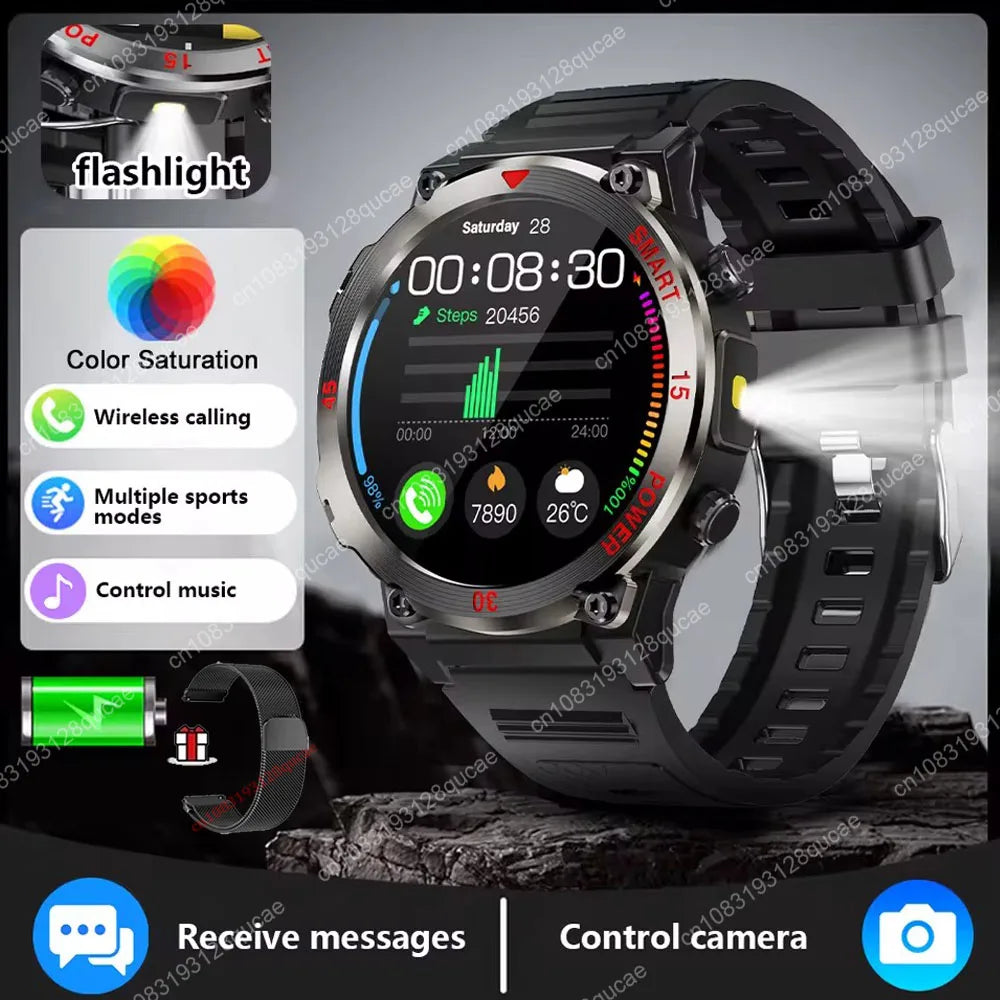 Smartwatch Military Men 360*360 HD Screen Flashlight Health Monitoring Waterproof Heart Rate BT Call Smart Watch For Android IOS Peaceful Pleasures Health and Wellness Black Milan